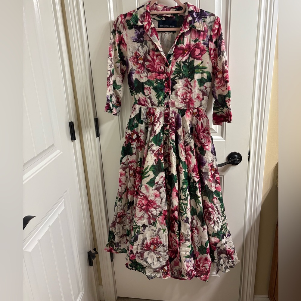 SAMANTHA SUNG Pink Cream Flower Print Fit n Flare  Wool Shirt Dress Size 2